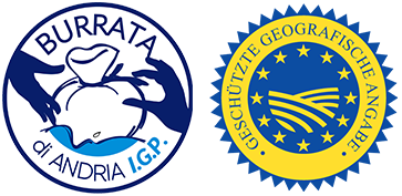 Loghi della Burrata di Andria IGP, con un formaggio tra le mani e il sigillo 