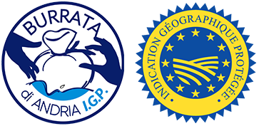 Loghi della Burrata di Andria IGP, con un formaggio tra le mani e il sigillo 