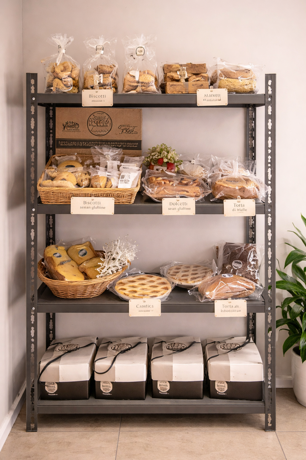 Scaffale del panificio pieno di prodotti da forno confezionati, tra cui biscotti, torte e crostate.