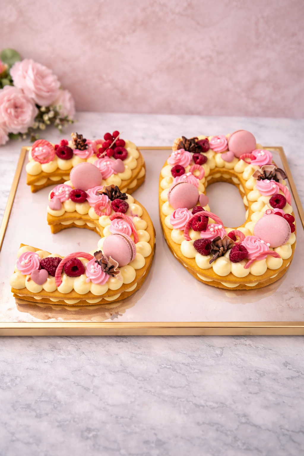 Torta di compleanno numero 30 decorata con glassa rosa, lamponi e macaron.