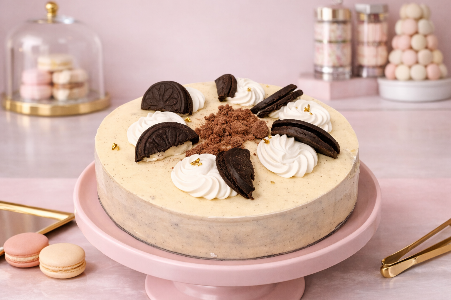 Torta Oreo su un'alzata rosa, guarnita con panna montata, Oreo sbriciolati e biscotti.
