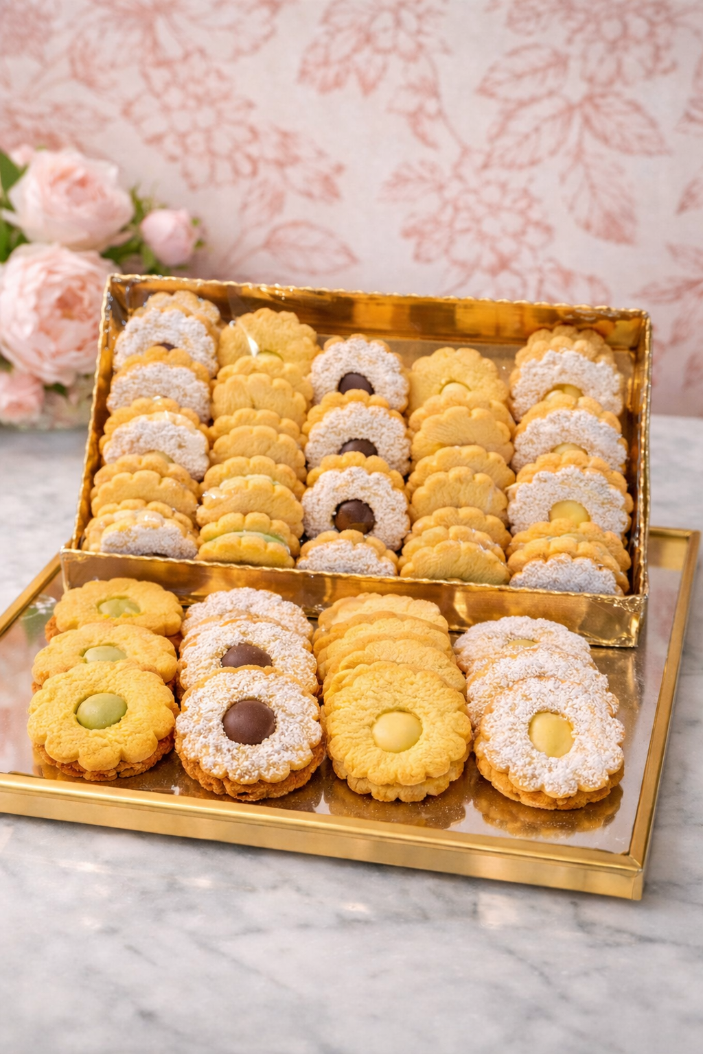 Assortimento di biscotti decorati in una scatola dorata su una superficie di marmo, accanto a fiori rosa.