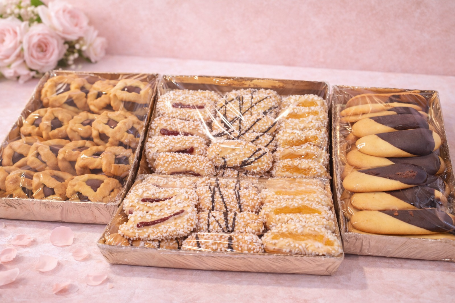 Biscotti di gusti assortiti, disposti in tre scatole regalo. Sfondo rosa tenue con rose.