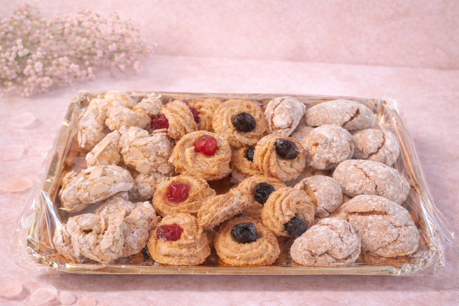 Vassoio di biscotti assortiti: ciliegia, mirtillo e mandorle. Avvolti in plastica trasparente, sfondo rosa.