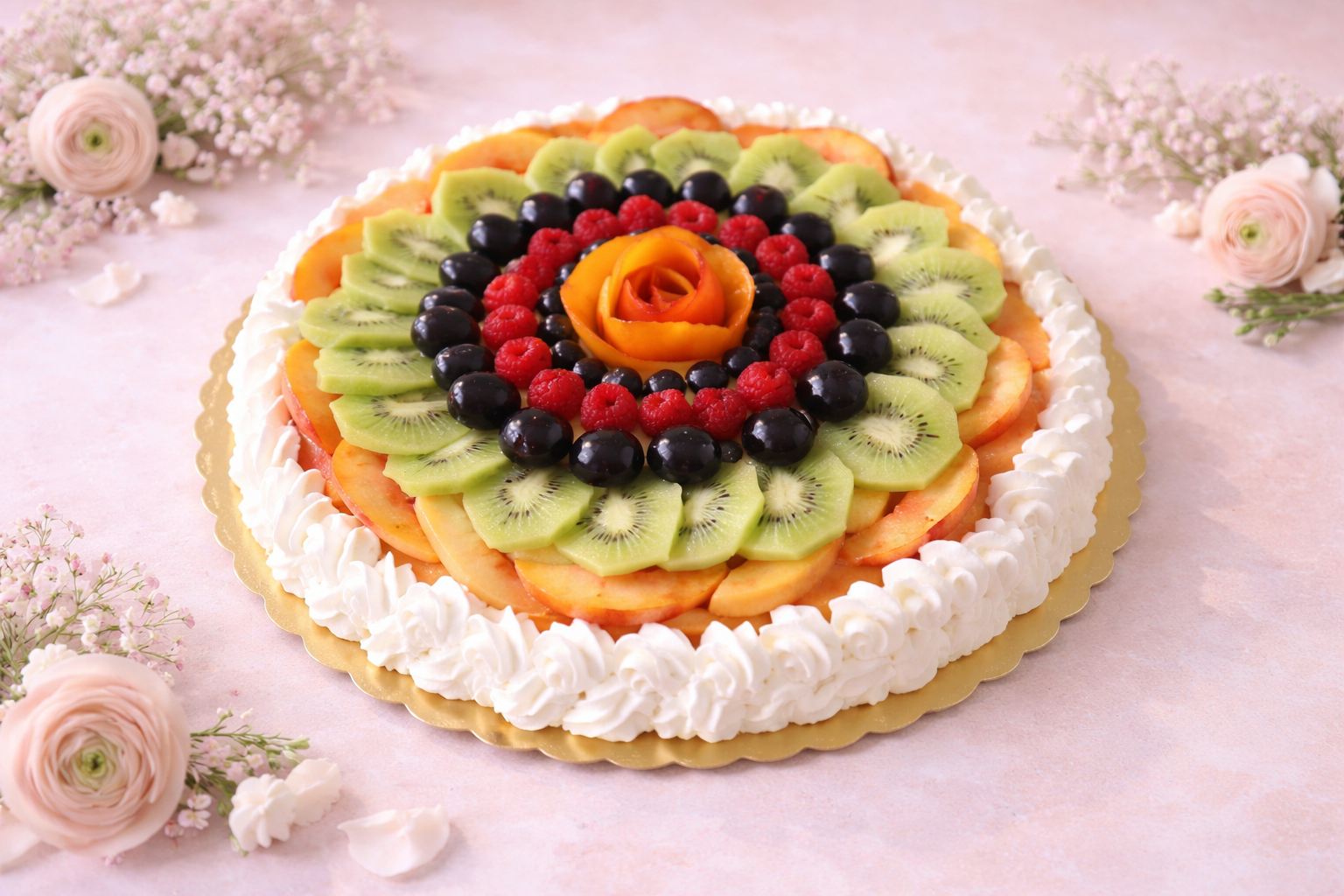 Crostata di frutta con kiwi, pesche, frutti di bosco e un frutto a forma di rosa in una cornice floreale.