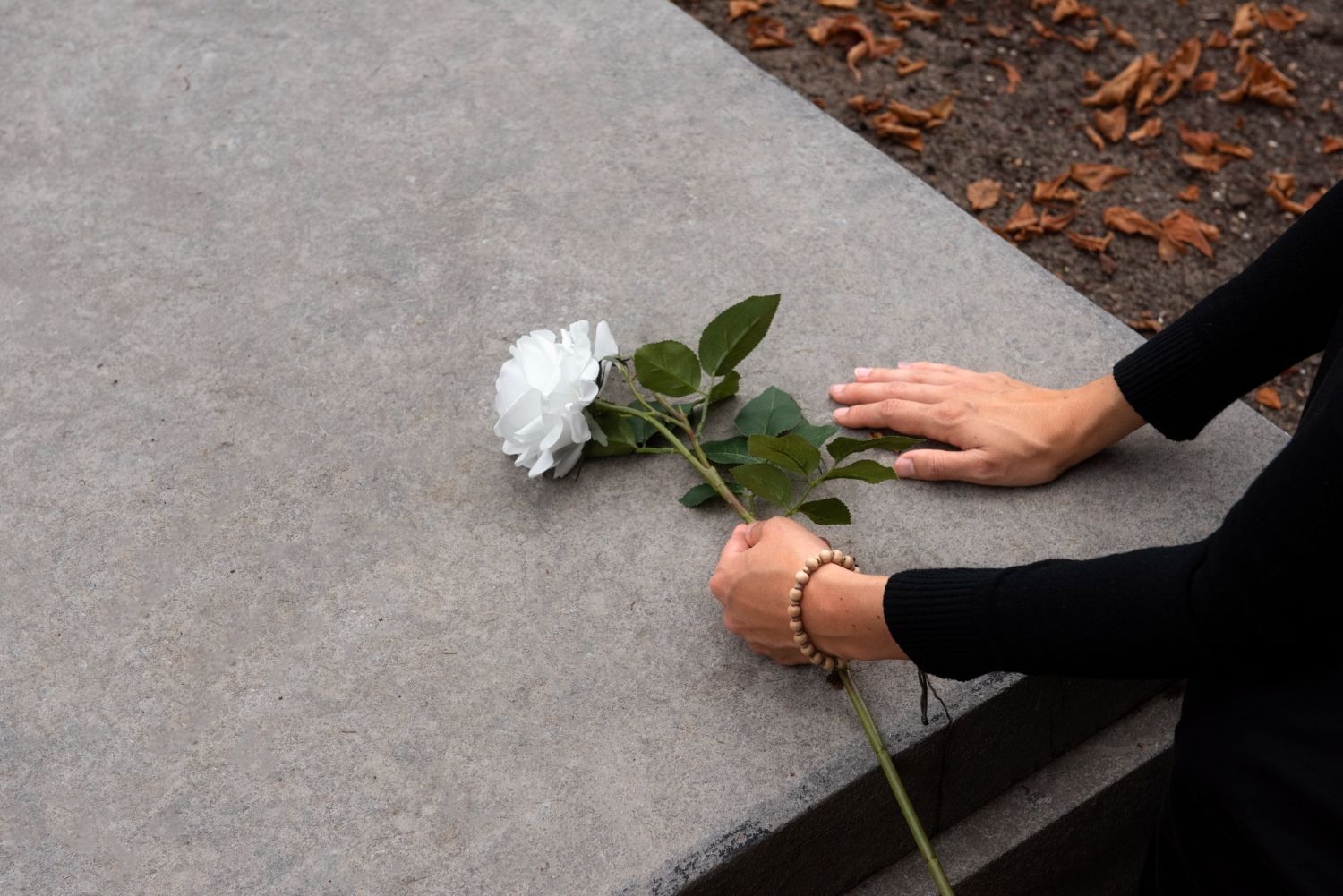 A woman is laying a white rose on a grave.