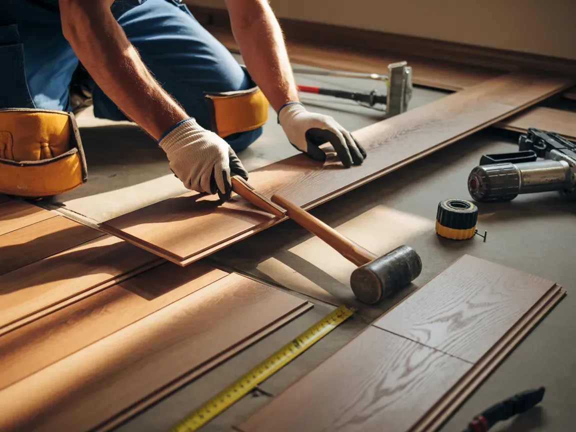 A worker wearing gloves kneels on a floor, using a mallet to install light-brown wood laminate planks.