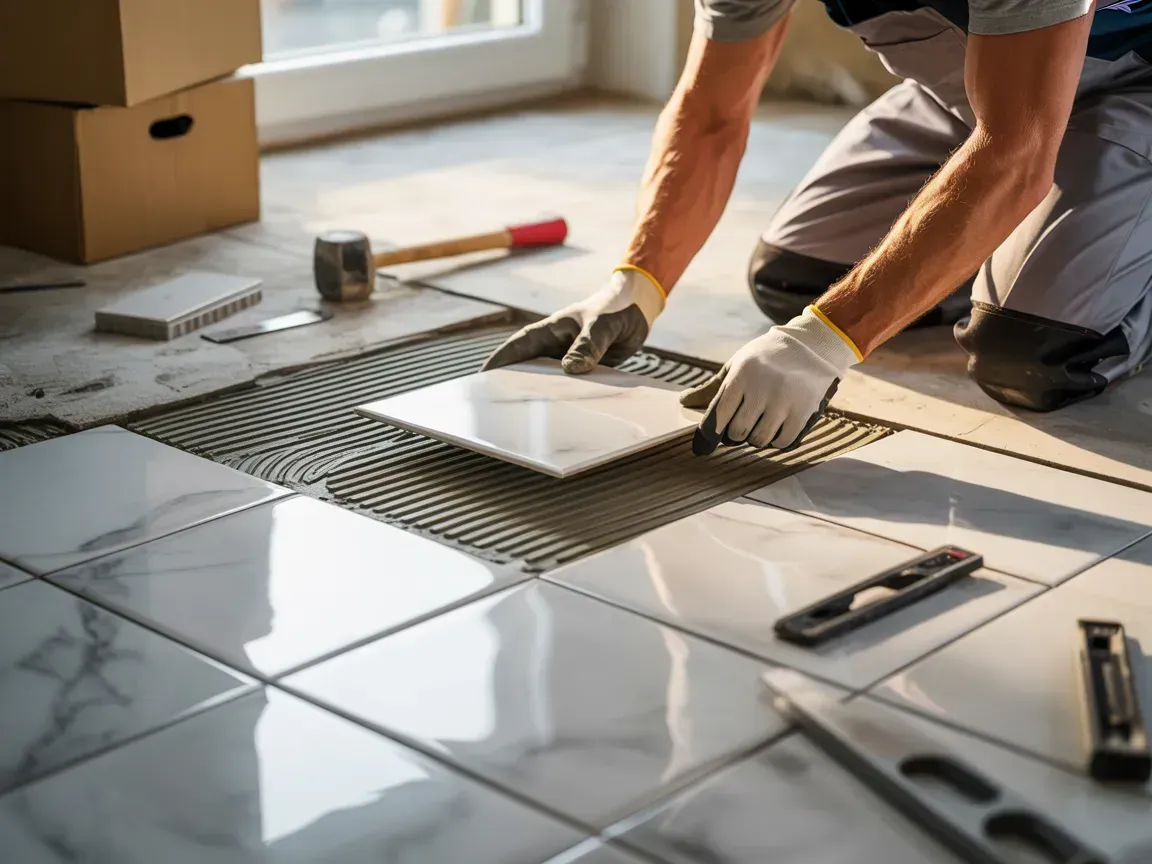 A person wearing work gloves kneels on a floor, carefully laying a white marble-patterned tile onto adhesive.
