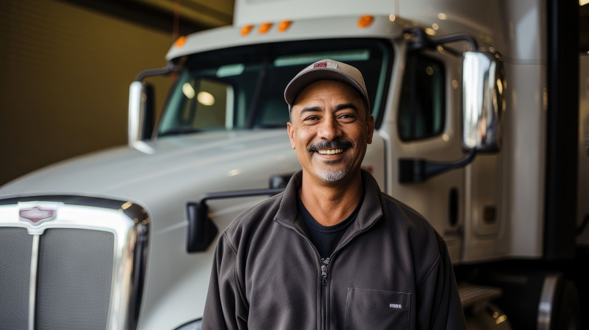 A man is standing in front of a semi truck and smiling.