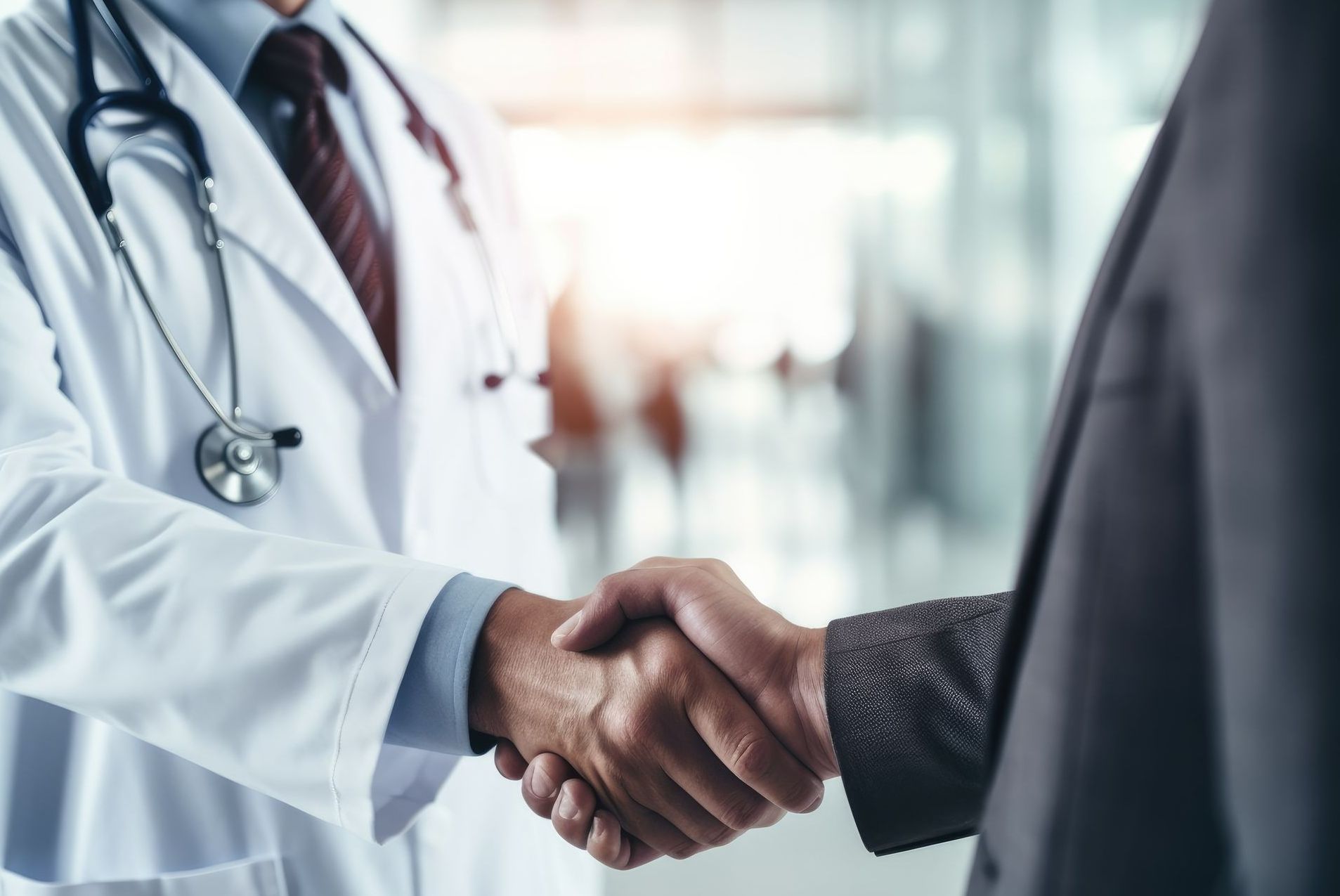 A doctor and a businessman are shaking hands in a hospital.