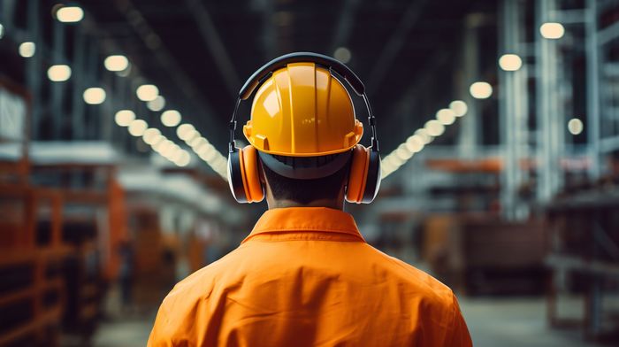 A man wearing a hard hat and ear muffs standing in a factory.