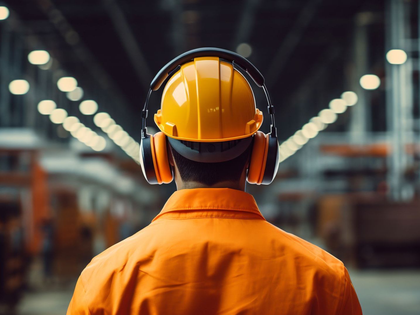 A man wearing a hard hat and headphones is standing in a warehouse.