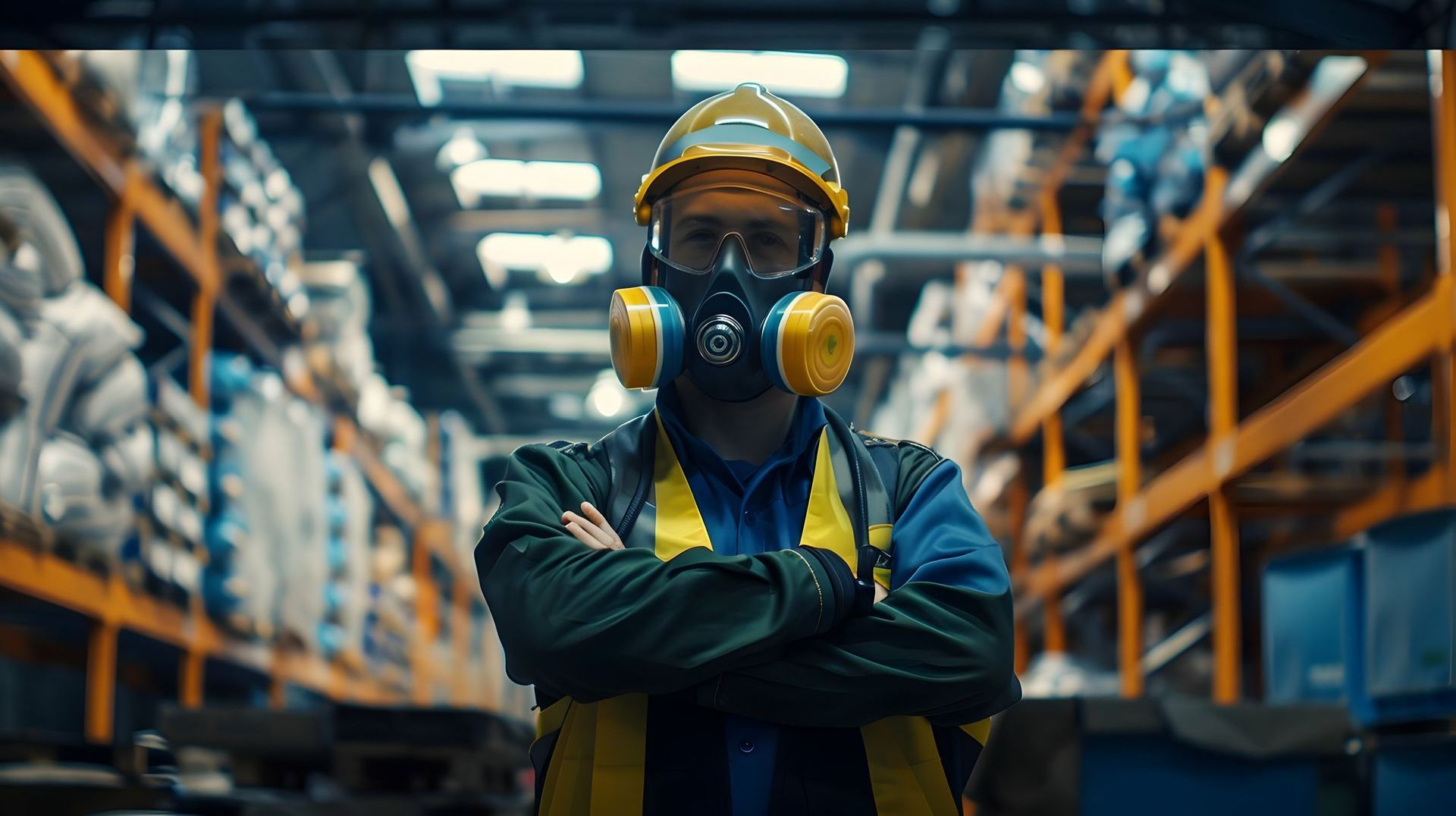 A man wearing a gas mask and safety glasses is standing in a warehouse with his arms crossed.
