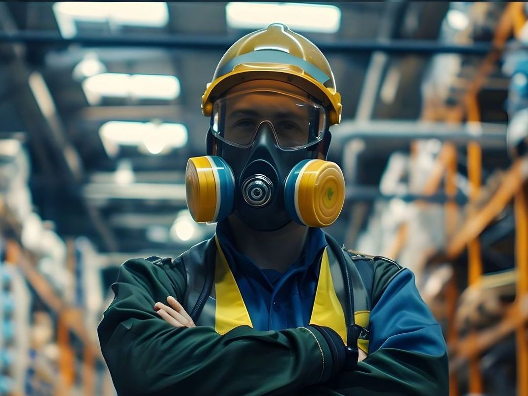 A man wearing a mask and a hard hat is standing in a warehouse with his arms crossed.