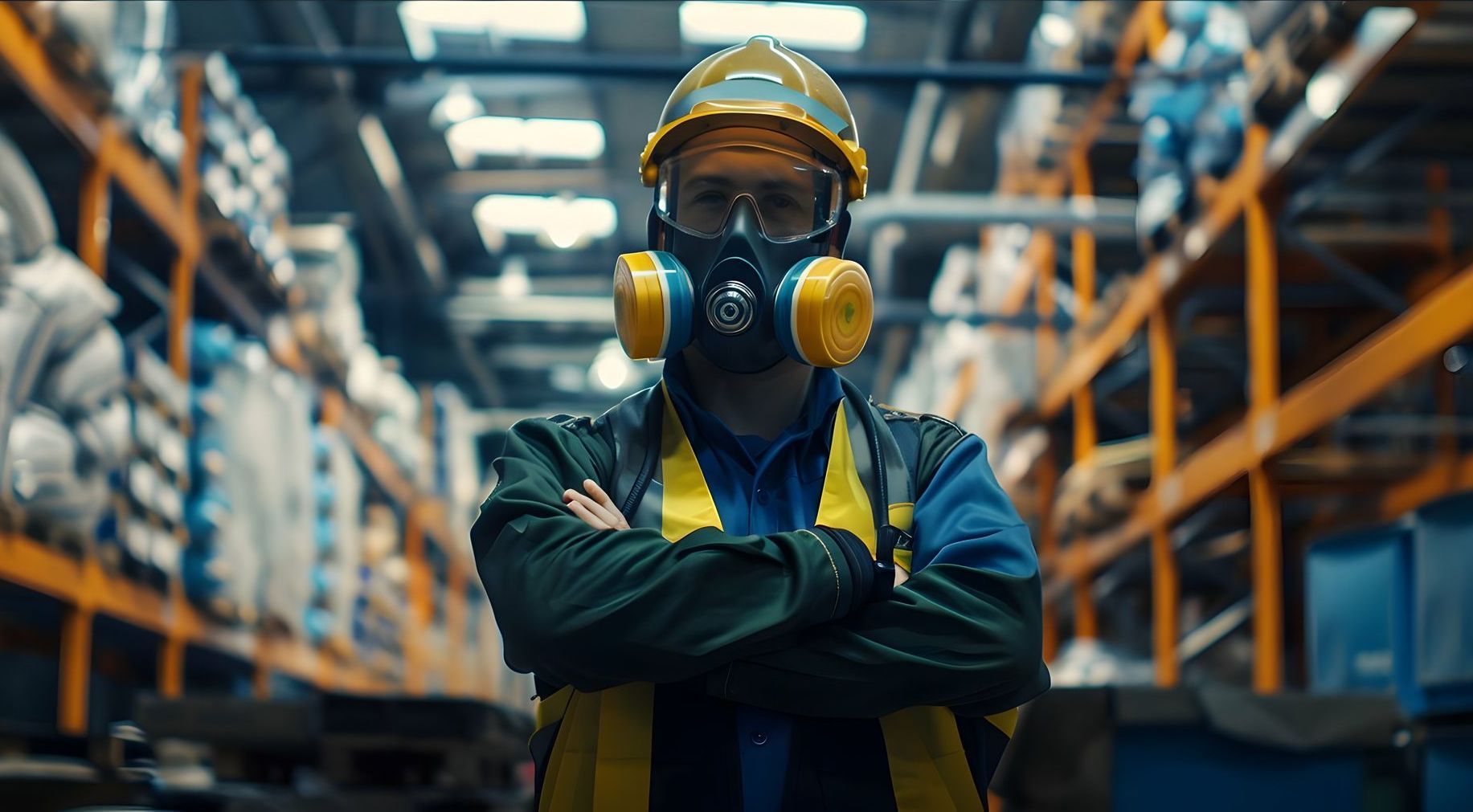 A man wearing a respirator and safety glasses is standing in a warehouse with his arms crossed.
