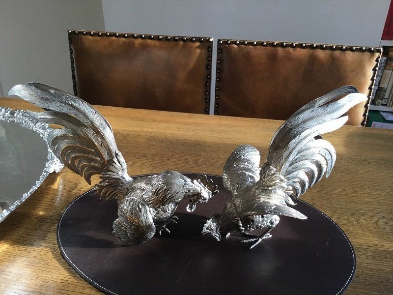 A Pair of Solid Silver Fighting Cockerels by a London Maker 1970's