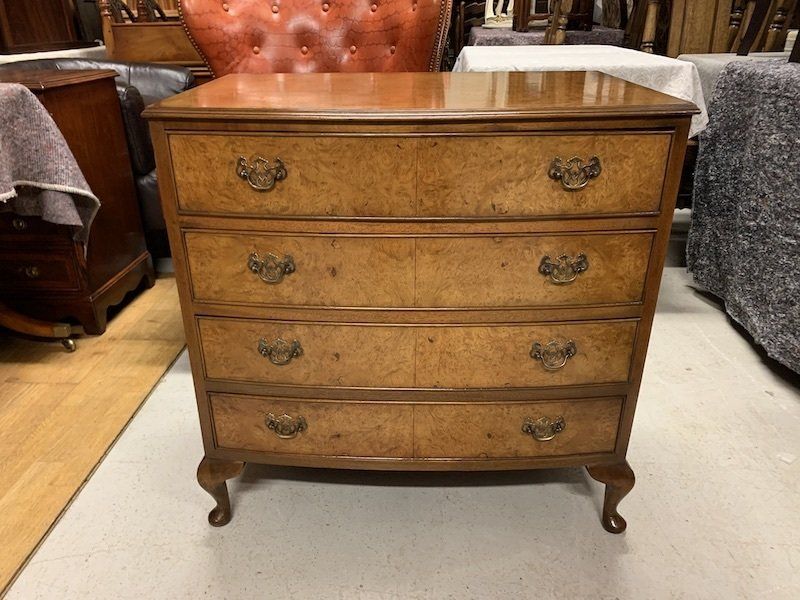 Small Vintage Burr Walnut Bow Fronted Chest of Drawers