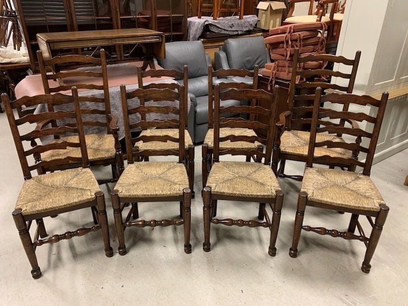 Set of Eight Oak & Reed Lancashire Ladder Back Dining Chairs by Kennedy of Ipswich