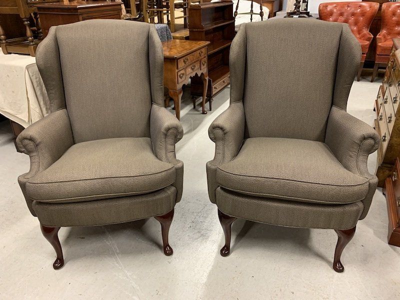 Stunning, Pair of Grey/Navy Upholstered Georgian Style Wing Back Armchairs