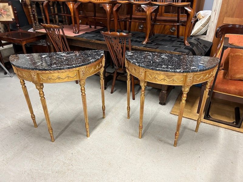 A Stunning Pair of French Style Gold Gilt & Marble Demi Lune Console Tables