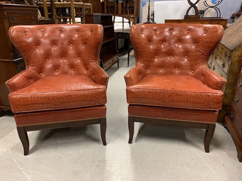 A Stunning Pair of Quality American Crocodile Print Hide Barrel Back Armchair