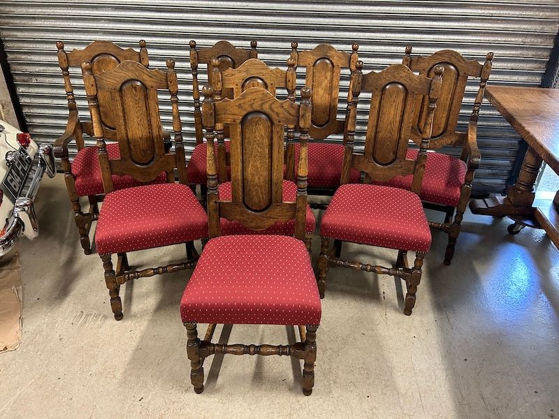Quality Set of Eight Solid Oak Panel Back Dining Chairs by Bryn Hall