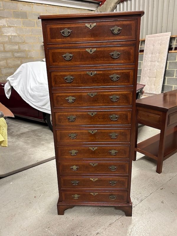 Tall, Narrow Burr Walnut Chest of Drawers by English Antique Replica Company