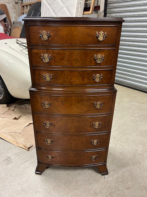 Small, Antique Burr Walnut Bow Fronted Chest on Chest by Cameo