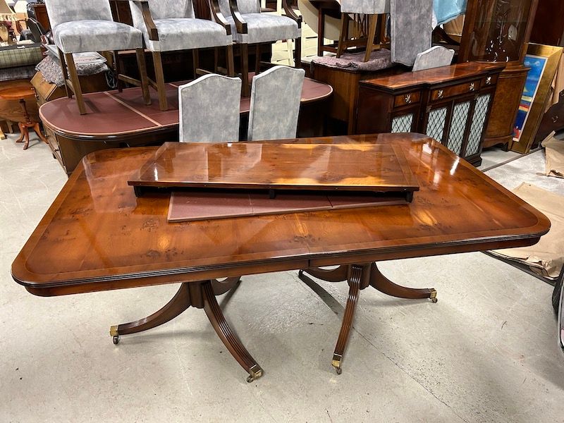 Stunning Burr Yew Twin Pedestal Extending Dining Table by G T Rackstraw