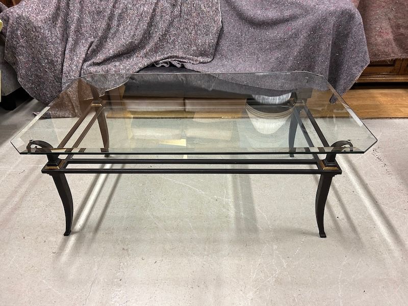 Italian Mid Century Style Glass & Black Wrought Iron Coffee Table with Gold Tone Accents