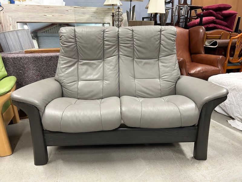 Ekornes Grey Leather Reclining Windsor High Back Sofa