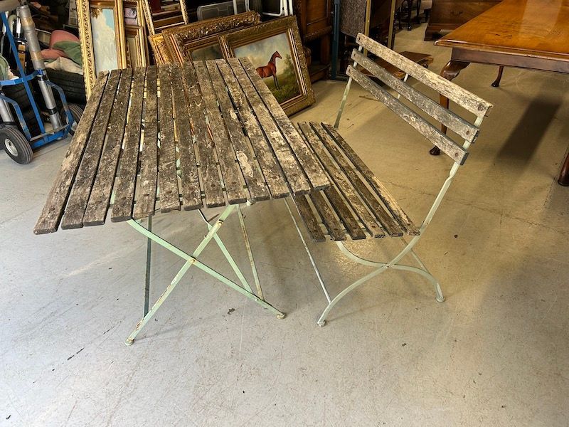 Weathered Teak & Metal Folding Garden Table & Matching Bench