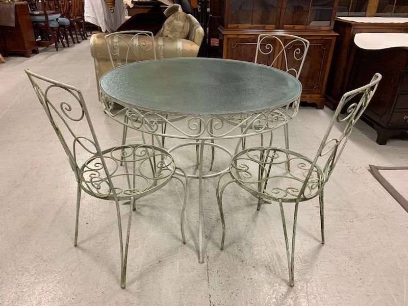 Vintage Glass & Galvanized Wrought Iron Garden Table & Chairs