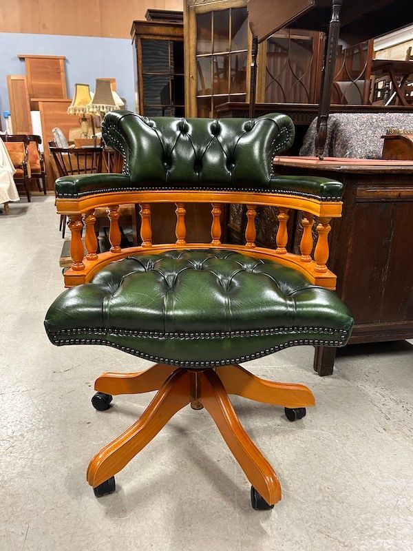 Quality Green Leather Chesterfield Captains Chair
