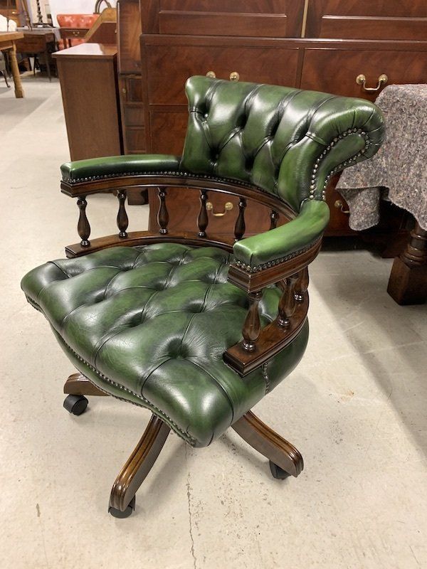 Good  Quality Green Leather Chesterfield Captains Chair