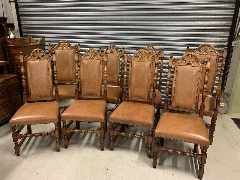 Set of Eight Oak & Leather Dining Chairs by Bright's of Nettlebed