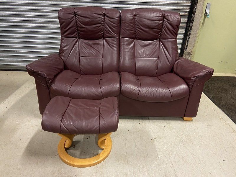 Burgundy Ekornes Two Seater Reclining Sofa & Footstool