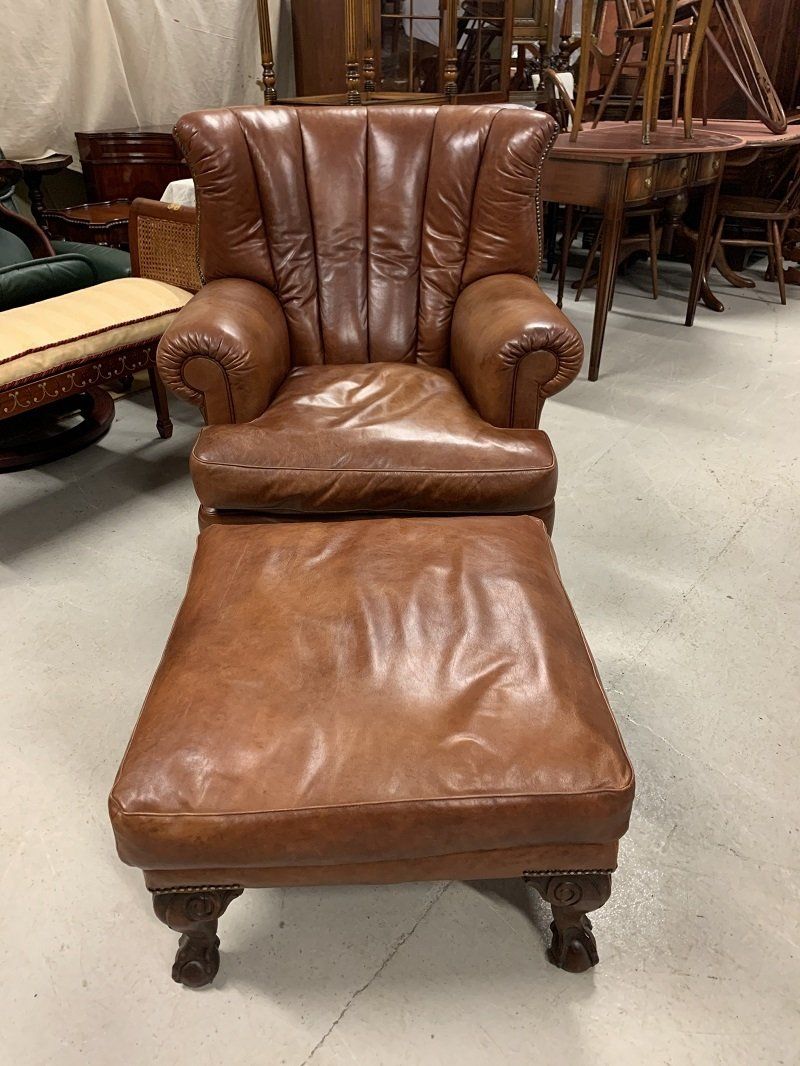 Quality Antique Brown Leather Barrel Back Chair & Footstool by John Lewis