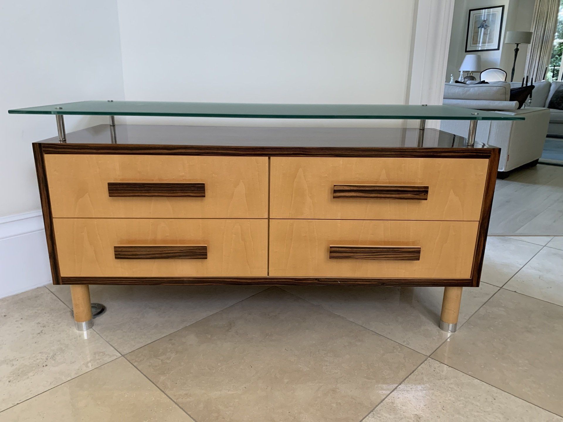 Bespoke Art Deco Style Walnut & Maple Sideboard with Glass Top  by Designer Simon Bray