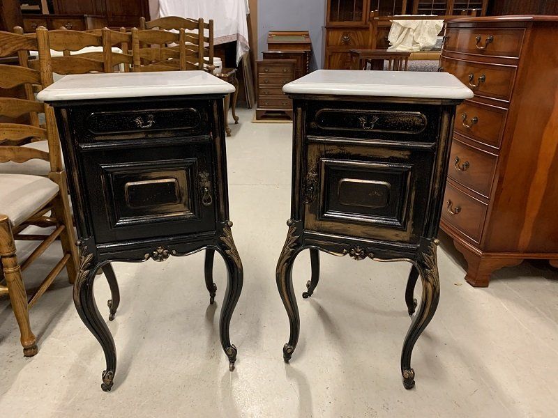 A Stunning Pair of French Painted Oak Oak & Walnut Nightstands with Marble Tops