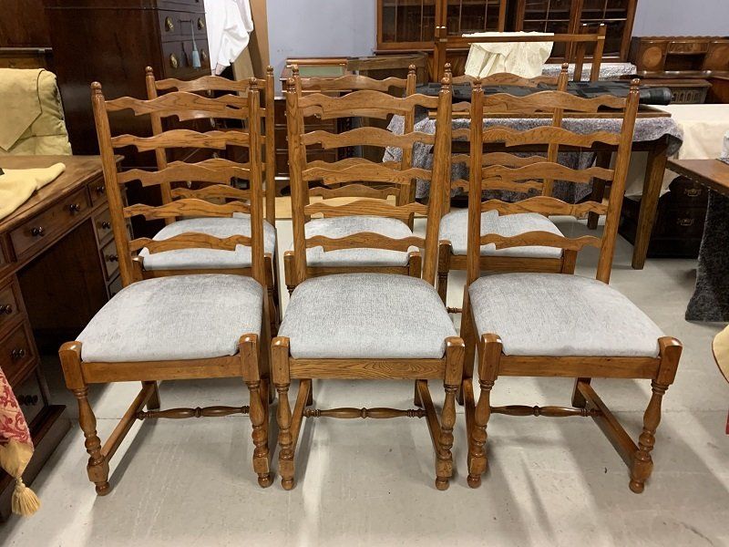 Quality Set of Six Solid Oak Ladder Back Chairs by Willis & Gambier