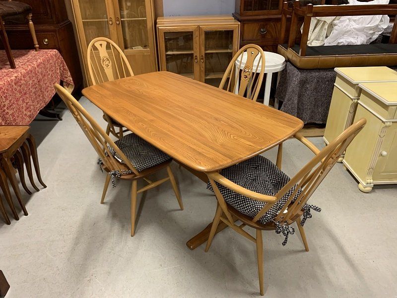 5ft Blonde Ercol Windsor Aldeburgh Refectory Table & Four Quaker Swan Back Chairs
