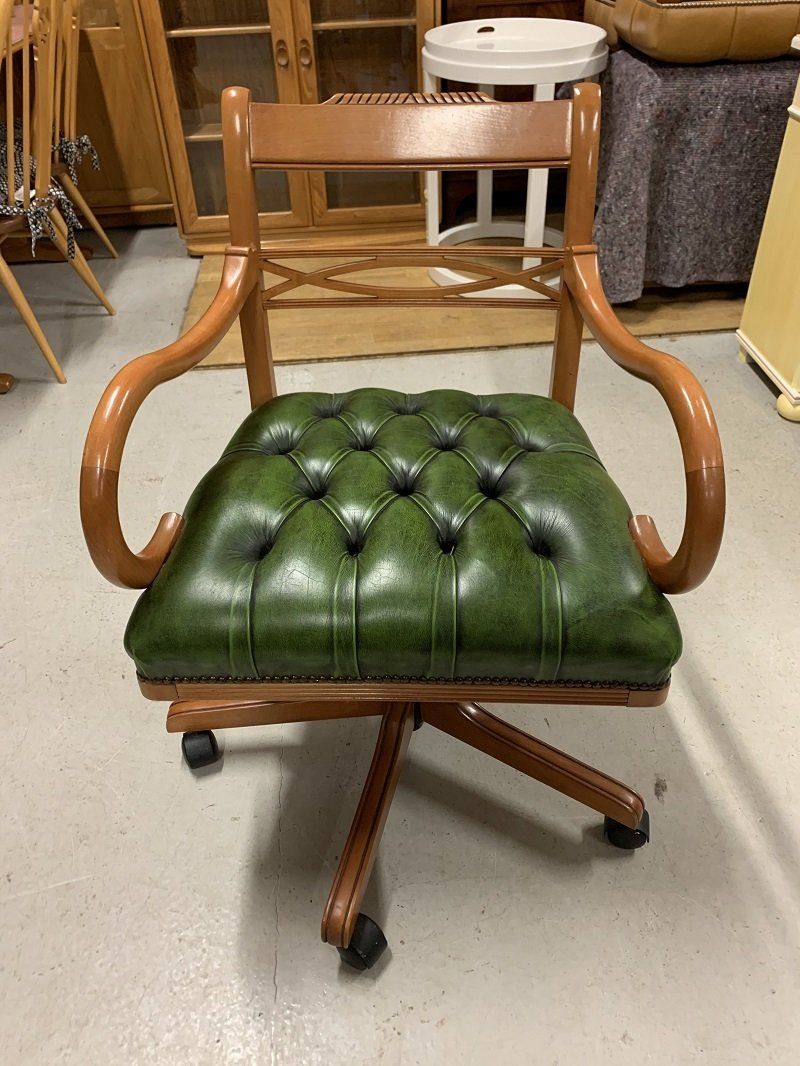 Good Quality Yew Wood & Leather Chesterfield Captains Desk Chair by Gordon Fraser