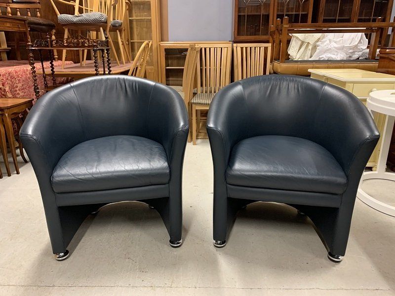A Pair of Blue Leather Designer Tub Chairs