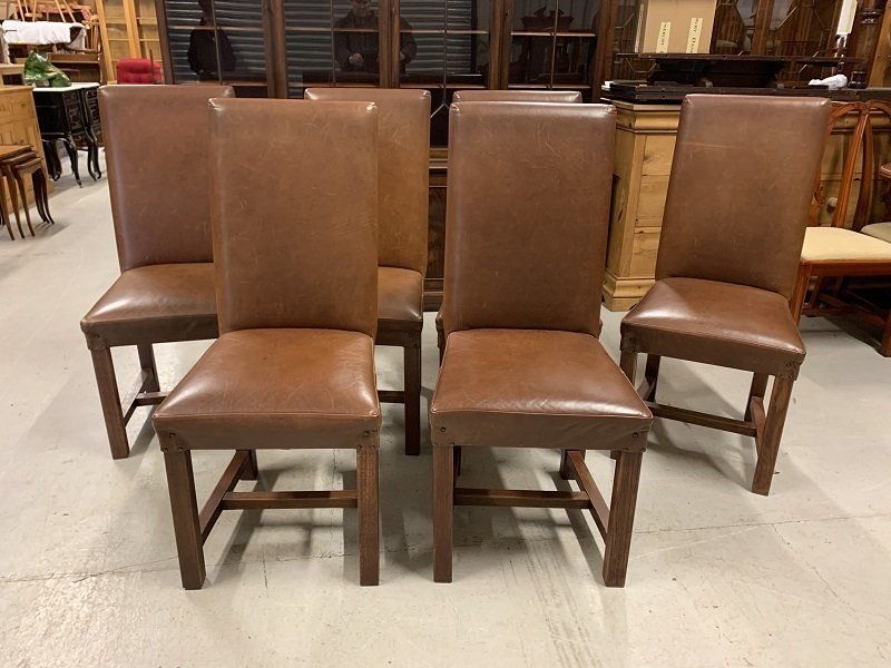 Good Quality Set of Six Oak & Hide Dining Chairs