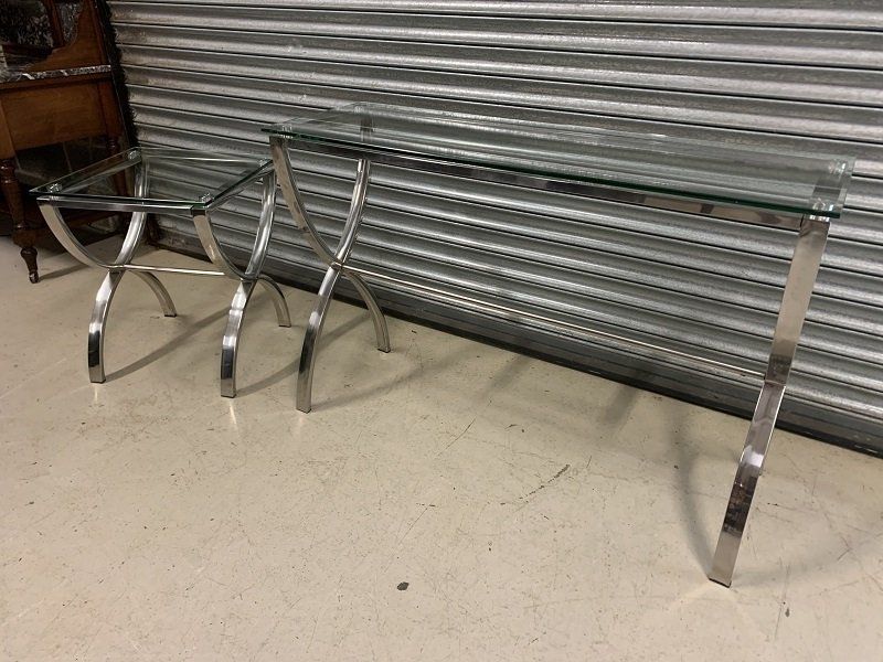 Designer Glass Console & Side Table with Polished Stainless Steel Frame