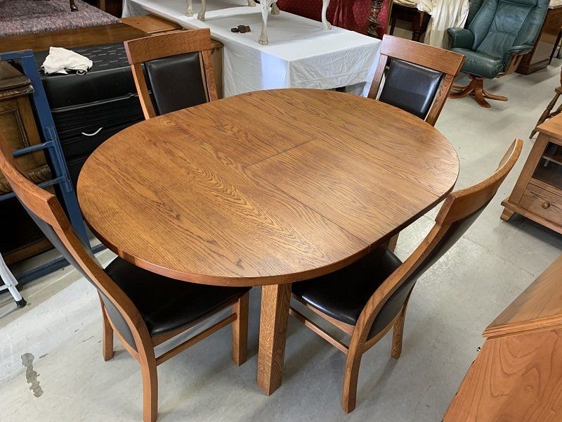 Solid Oak Extending Dining Table & Four Oak & Faux Lather Chairs