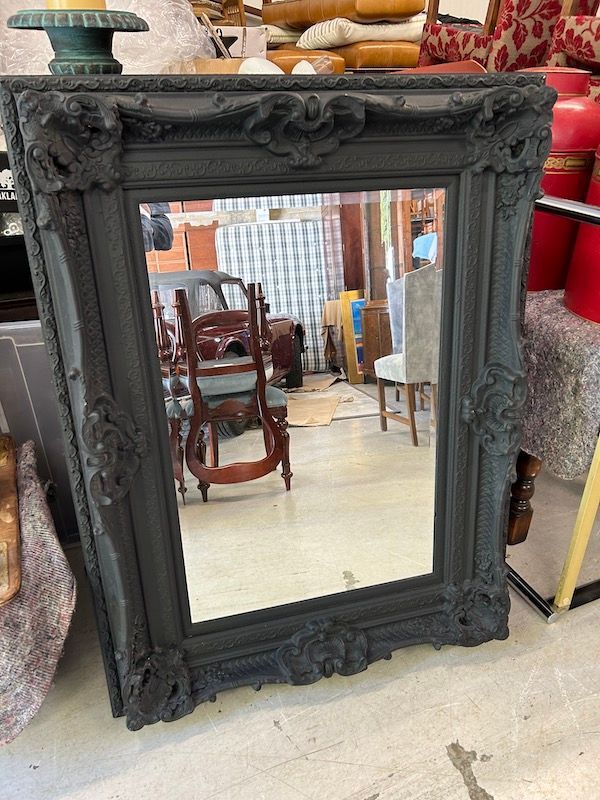 Large Ornate Baroque Style Painted Matt Black Carved Bevelled Mirror
