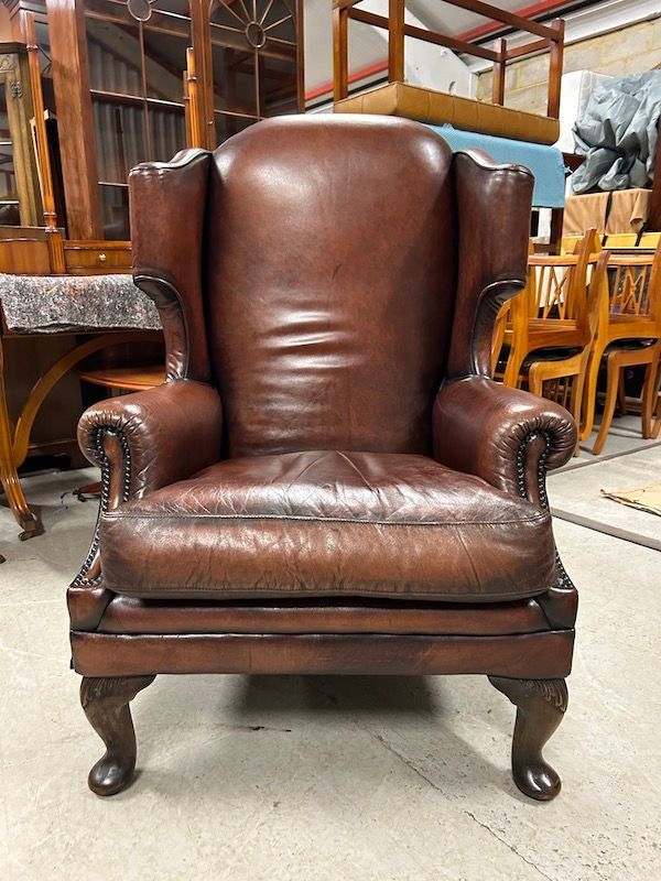 Stunning, Vintage Aged Brown Leather Wing Armchair