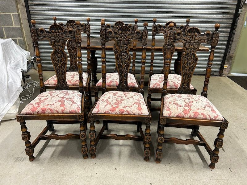 Set of Six Antique Solid Oak Carved High Back Dining Chairs
